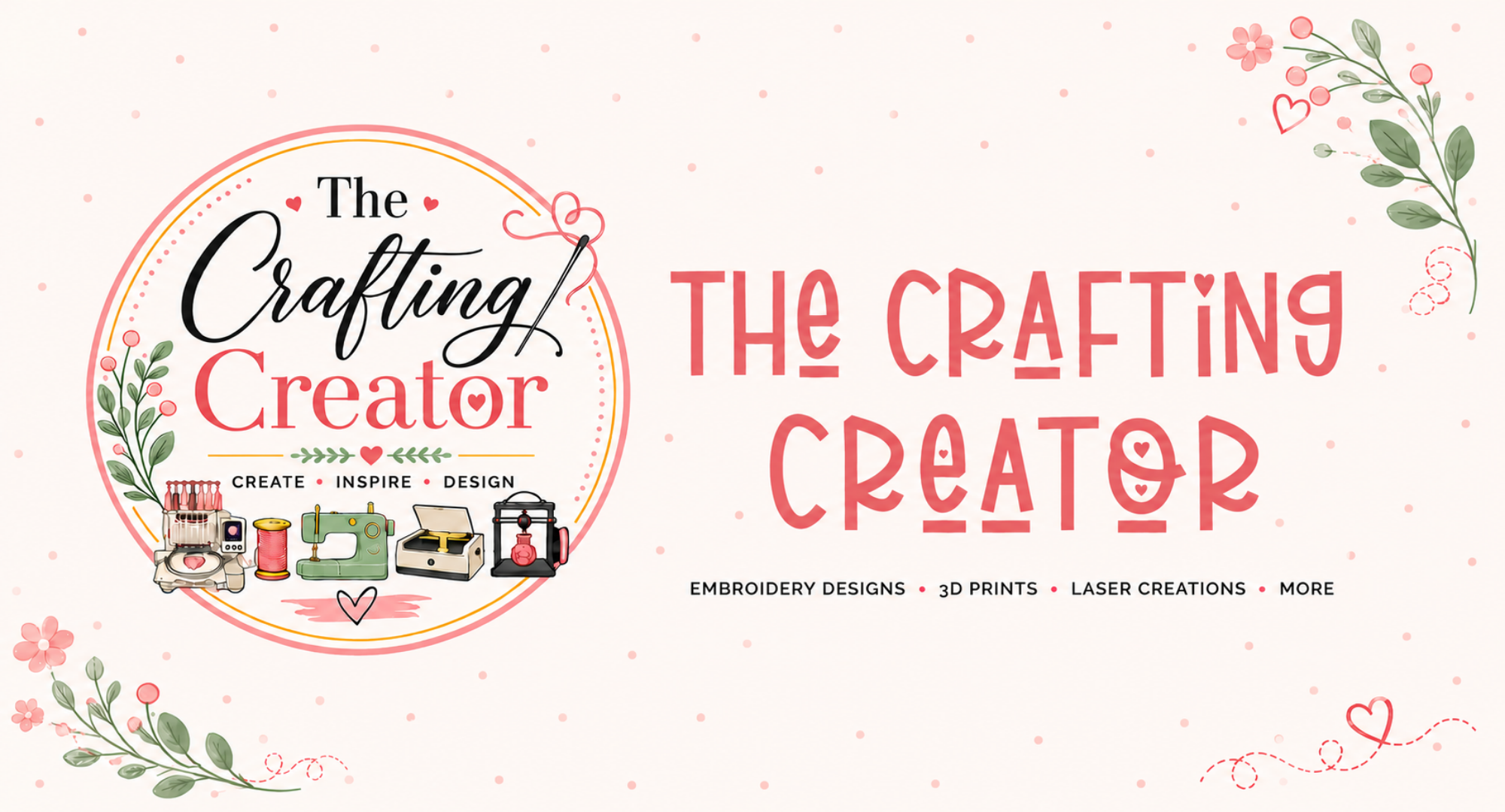 Promotional graphic for 'The Crafting Creator' featuring a circular logo with sewing and embroidery tools on the left and the text 'THE CRAFTING CREATOR' in coral pink on the right, with decorative floral corner accents on a light cream background.